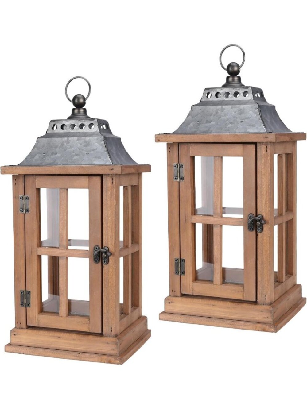 Set of 2 Rustic Wooden Candle Lanterns - 15 Inch Outdoor Decorative Lighting
